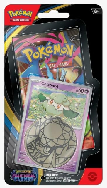 Pokemon Juego de cartas coleccionables Phantasmal Flames Checklane Blister Pack, incluye tarjeta promocional y moneda de coleccionista (Cottonee)