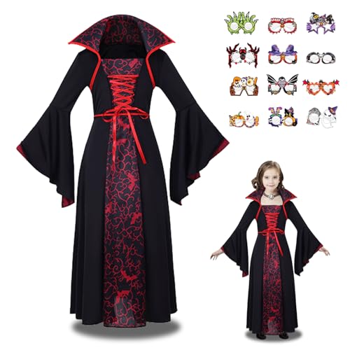 DYOUen Disfraz de vampiro para niña, disfraz de vampiro real, juego de disfraz gótico de princesa para niñas, juego de rol, cosplay de carnaval y fiesta temática de vampiros (160 cm)