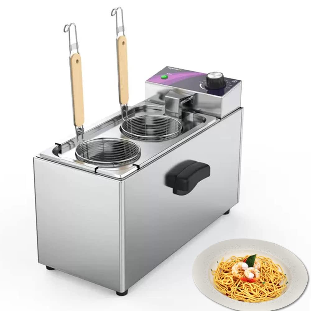 FHRKA 2 Holes Pasta Noodle Cooking Machine, 2000W Commercial Stainless Steel Vegetable Boiler Cooker with 2 Noodle Strainers