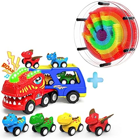 Multicolor 3D Pin Art Sensory Toy and 5 in 1 Friction Powered Dinosaur Toy Trucks with Flashing Light & Sound Bundle, Toddler Toys with 4 Dino Toy Cars for 1 2 3 4 5 6 7 8 Year Old Kid Boys Girls Cover