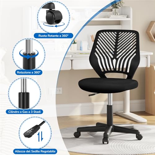 Sedia Ufficio Scrivania Senza Braccioli Girevole a Rotelle Ergonomica Portata 136 kg in Rete Traspirante Altezza Regolabile Nera - Sedia gaming - Immagine 5