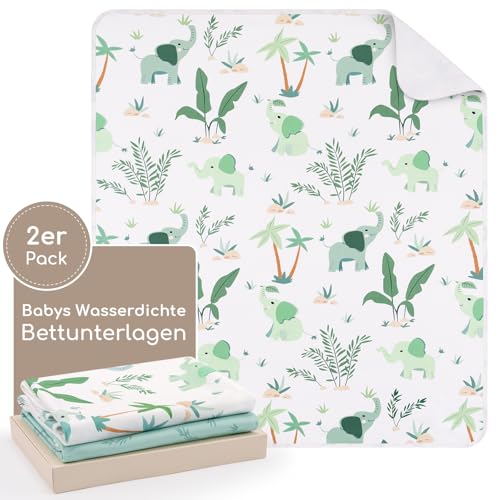 Yukkidds 2er-Pack Bettunterlage Wasserdicht Kinder, Waschbar PIPI Unterlage Bett Kinder, Betteinlage Inkontinenz Bettunterlage 75x90 cm (Grüner Elefant)