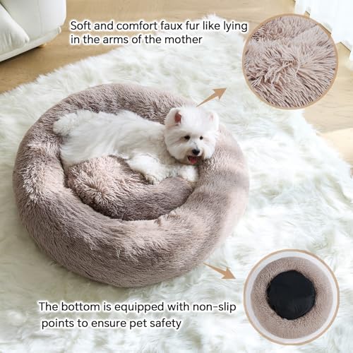 Calming Small Dog Bed, Donut Fluffy Anti-Anxiety Round Washable Cute Bed, Plush Cozy Cuddler Warming Soft Comfort Pet Bed for Small Medium Dogs Cats, 20inch,Brown - Image 5