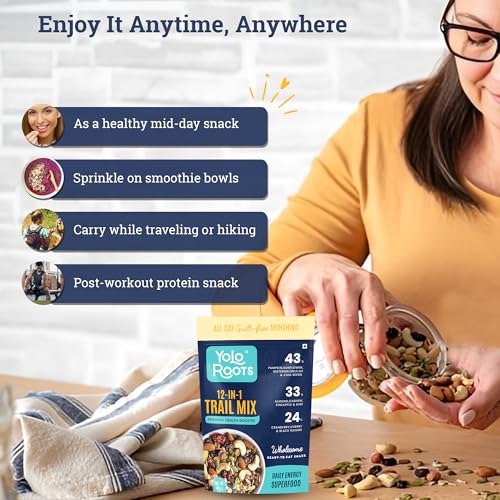 Image of Yolo Roots Trail Mix | Roasted 12-in-1 Dry Fruit & Nut Mix with Almonds, Cashews, Cranberries Pumpkin,Chia & Sunflower Seeds | High Protein & Fibre | No Added Sugar | Healthy Anytime Snack