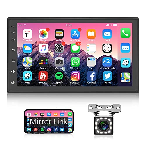 Podofo Autoradio 2 Din Android 1+16G 7'' Touchscreen 1080P Lien Miroir Bluetooth Mains Libres FM GPS WiFi Commande au Volant RCA MIC 2 USB avec Caméra de recul 12LED
