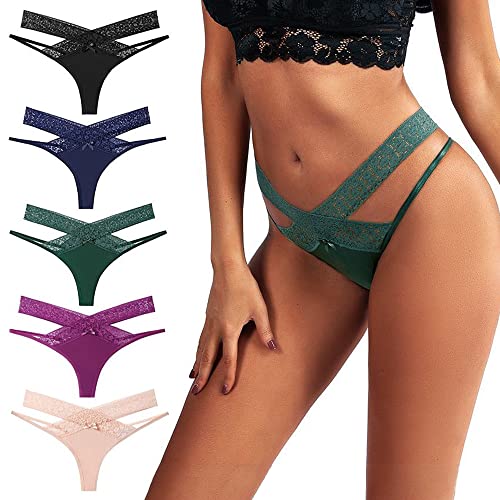 Women Underwear Cotton Thongs 5 Pack T Back See Through G-Strings Sexy Lace Breathable Bikini Panties Teens Underwear