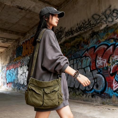 Canvas Messenger Bag for Women and Men, Grunge Bag with Fairy Grunge Bracelet, Hippie Crossbody Shoulder Bag for Women with Leather Beaded Bracelets Fairy Grunge Clothes Accessories (Green)3