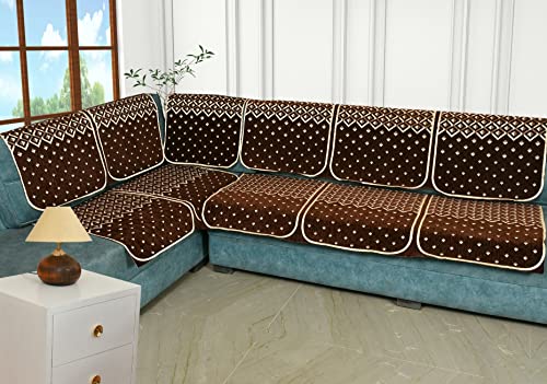 Image of Premium 5 Seater Printed Sofa Cover Set 3,1,1 Seater 10 Pieces Sofa Back Slip Panels, Protector for Single Seater (Coffee, L Shape with Cushion Cover)
