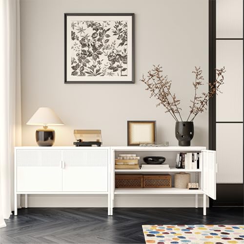 Image of COFaR TV Stand for TVs up to 75 Inch, 40''L Media Console with Ventilation Doors, Metal Entertainment Center with Adjustable Shelves & 120Lbs Storage for Living Room & Bedroom, White