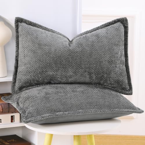 Image of MADIZZ Decorative Chenille Velvet Throw Pillow Covers Set of 2 Soft Boho Textured Neutral Couch Throw Pillow for Bed Modern Farmhouse Home Decor for Sofa Livingroom Dark Grey 12x20 Inch