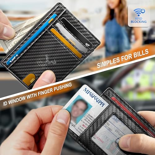 Image of Contacts Genuine Leather Slim Wallet | RFID Blocking Skinny Minimal Thin Front Pocket Wallet Sleeve Card Holder for Men | Up to 7 Card Slots Including 1 ID Window (Carbon Black)