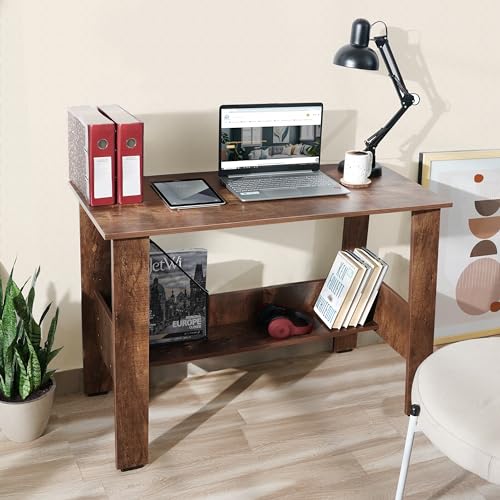 Image of ABOUT SPACE Rustic Wooden Study Table with Storage | Multipurpose Office Desk for Students & Adults | Solid Wood | Brown