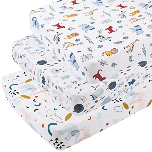Image of Onacosht Pack and Play Sheets 3 Pack for Baby Boy, Stretchy Jersey Knitted Portable Mini Crib Sheets Playard Mattress Cover, Woodland Animal Elephant Fox Lion Bear Giraffe Zebra Printing
