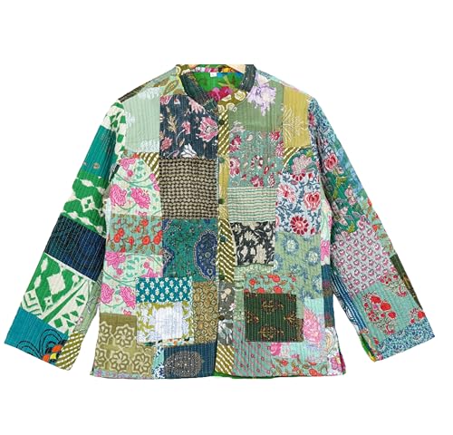 INDACORIFY Indian Patchwork Cotton Quilted Jacket Vintage Assorted Print Multicolor Flower Stitched Reversible Jacket