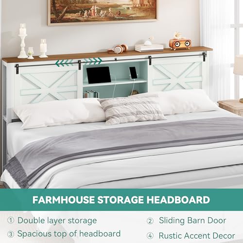 YITAHOME Farmhouse King Size Bed Frame with Headboard, Bookcase Storage Shelves, Sliding Barn Door, Charging Station, Rustic Wood Platform Bed, No Box Spring Needed, White