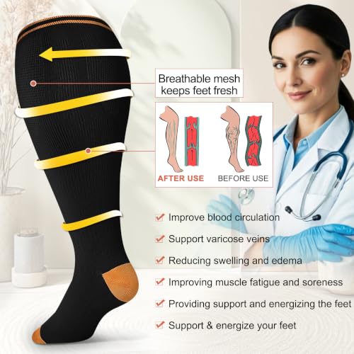 Image of Diu Life 3 Pairs Plus Size Compression Socks for Women and Men Wide Calf Extra Knee High Support for Circulation