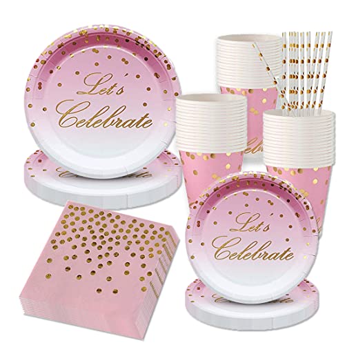 MestectPET Rosa Partygeschirr Set 56-teilig - Für 16 Gäste Pappteller & Becher