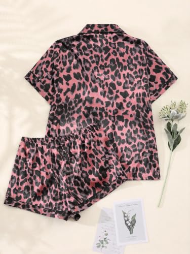 Image of SHENHE Women's 2 Piece Satin Pajama Set Leopard Short Sleeve Button Down Pj Shorts Set