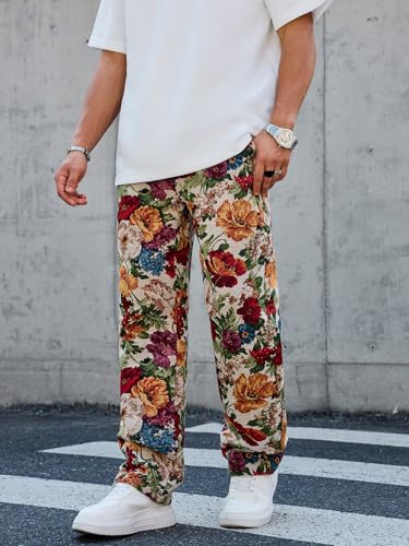 Men's Printed Floral Embroidery Drawstring Belt Straight Leg Pants Trendy Retro Fashion Streetwear Slant Pocket Trousers4