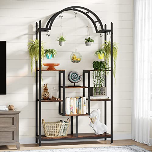 Image of Tribesigns 5-Tier Tall Indoor Plant Stand, 74.8'' Arched Metal Flower Shelf with Hanging Hooks, Large Bonsai Pots Display Rack for Indoor, Balcony, Living Room