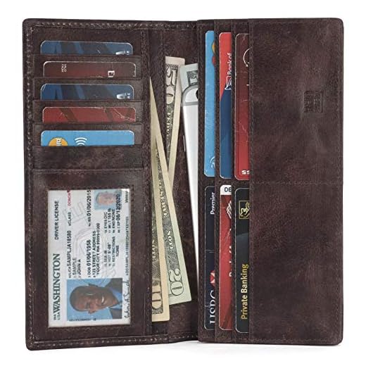 Mou Meraki Mens Vintage Genuine Leather RFID Blocking Long Wallet Bifold Wallets For Men (Dark Brown)