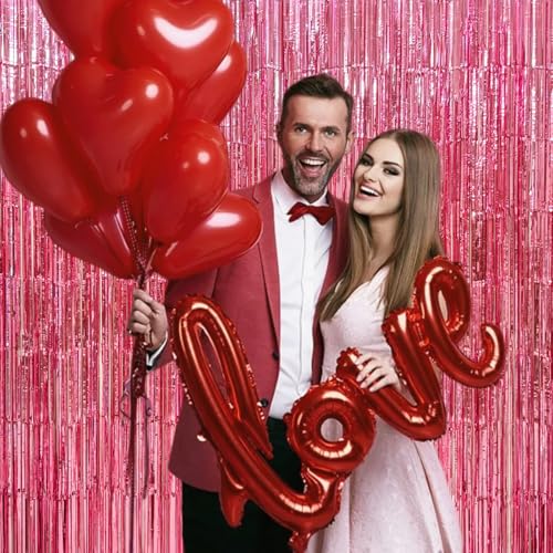 Image of 4 Pack Pink Foil Fringe Curtains, 13.2x6.6ft Streamers Backdrop, Tinsel Curtain for Birthday, Graduation, Christmas, Bachelorette, Wedding, Valentine, Gender Reveal| Pink Streamers Party Decorations