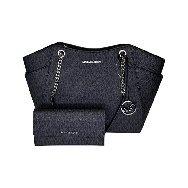 Michael Kors Jet Set Travel Large Chain Shoulder Tote bundled with Travel Trifold Wallet (Signature MK Black)