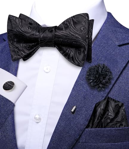 Image of Dubulle Self Tie Bow Ties and Lapel Pin for Men Paisley Solid Mens Bowtie and Handkerchief Cufflinks Set Wedding