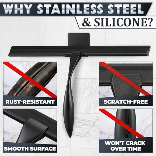 Image of Shower Door Squeegee with Hook - 14 inch Silicone Blade, Stainless Steel Black Squeegee for Shower Glass with Adhesive Mount - All-Purpose Bathroom Tile, Mirror, & Window Wiper for Streak-Free Cleaning