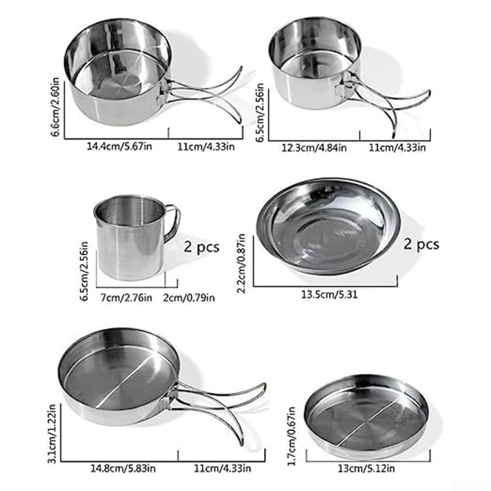 Oniissy Batterie de cuisine de camping en acier inoxydable 8 pièces avec poignées pliantes pour 5 à 6 personnes, kit de cuisson portable pour cuisinière à gaz et cuisinières électriques avec