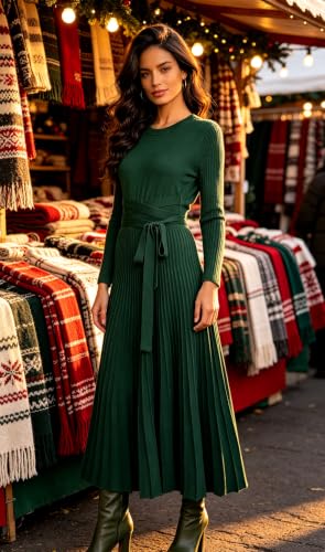 Image of RanRui Womens Winter Fall Pleated Knitted Fit and Flare Long Sleeve Sweater Dress