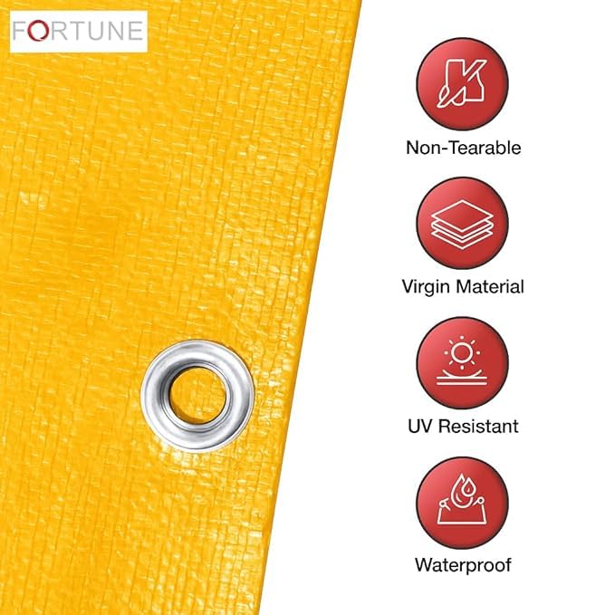 Image of FORTUNE Tarpaulin Sheet Waterproof (24Ft x 24Ft) with 170 GSM, Virgin Material, UV Resistant,Aluminum Eyelets - Laminated, Heavy Duty Tadpatri, Tarpaulin Plastic Sheet for Covering (Yellow)
