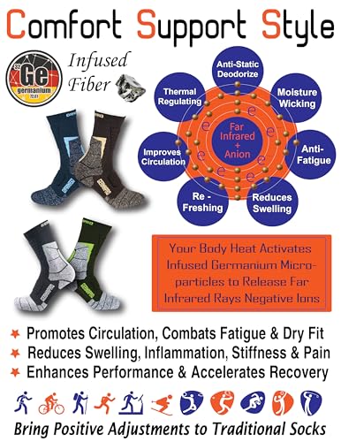 Mens Moisture Wicking Crew Compression Hiking Work Boot Socks w/Anti-Fatigue Germanium Infused + Coolmax Fiber 1/2 Pk3