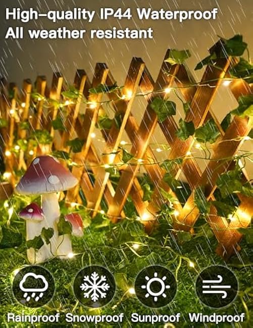 suddus Solar Fairy Lights with Vine, 33ft 100 Led Ivy Solar String Light Outdoor Waterproof, 8 Modes Leaf Lights for Balcony, Yard, Patio, Garden, Fence (Warm White)