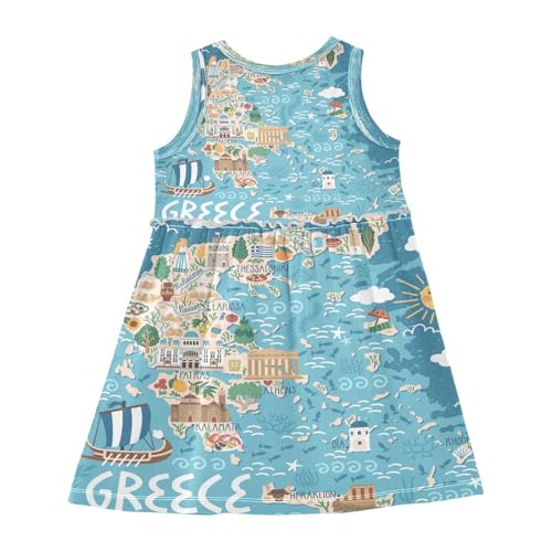 Girls Greece Map Tropical Dress Sleeveless Dress Summer Cotton Sundress 2T2