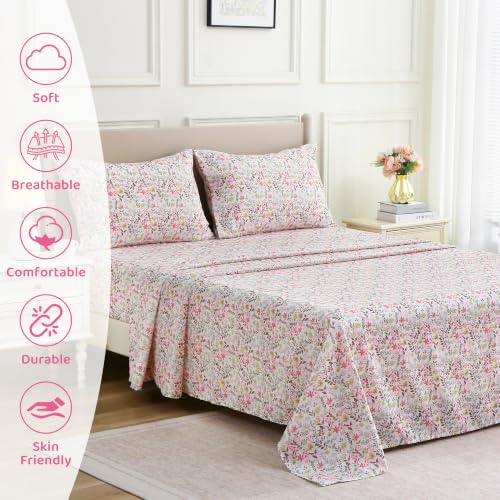 Image of Mooreeke Cozy Floral Microfiber Printed Twin Sheet Set - Soft & Breathable Pink Green Floral Bed Sheets with Deep Pocket - Non-Slip Fitted Design - Pink Green Flowers Gray Leaves Pattern - Queen