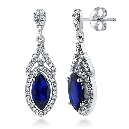 Berricle Sterling Silver Halo Simulated Blue Sapphire Marquise Cut Cubic Zirconia Cz Art Deco Fashion Necklace And Earrings Set For Women, Rhodium Plated #TOP1