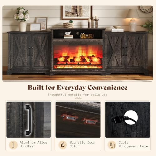 Image of AMERLIFE 97 inch Large Fireplace TV Stand for TVs up to 110 inch, Farmhouse Entertainment Center with 33 inch Electric Fireplace, Media Console with Storage Cabinets & Adjustable Shelf, Rustic Black