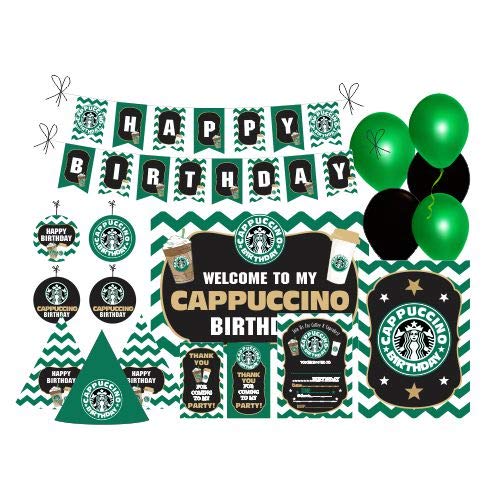 Cappuccino Celebration Kit — 80 pcs includes Banner, balloons, thank you cards, centerpiece, danglers, Cappuccino Birthday Party Supplies, Event Decor, Banner for Coffee Lovers.