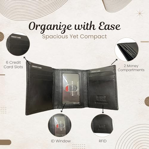 RIVET & BURR Genuine Leather Trifold Wallet for Men with RFID Blocking – Slim Vintage Wallet Gift Set with Box, Keychain & Vanity Tray – Double-Stitched Durable Design (Black)3