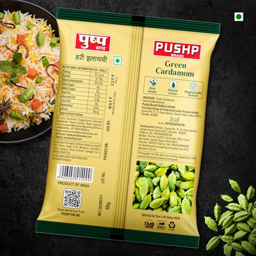 Image of Pushp Green Cardamom Whole Elaichi 50 g | 8-9 mm Size | Pack of 2 | Sabut Hari Elaichi | Rich Aroma & Natural Freshness | Source from kerala |