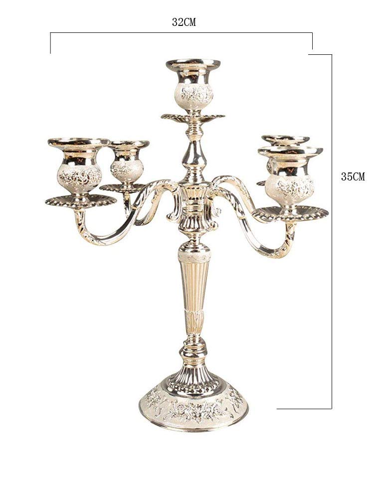 Candelabro in stile europeo classico, bellissimo candelabro in metallo a 5 bracci, colore: argento