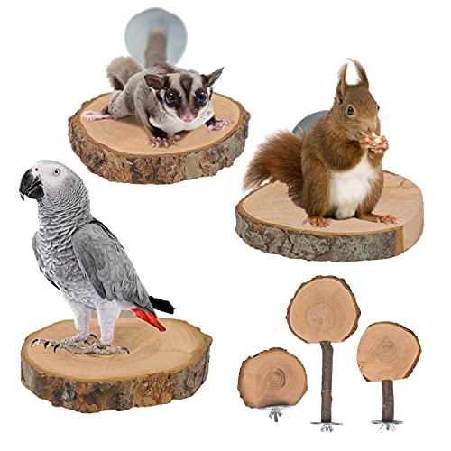 YKD 3 Pieces Chinchilla Round Pedal Wooden Platform, Squirrel Gerbil Suger Glider and Hamster Natural Fruit Wood Standing Platform, Hamster Platform Chew Toy, Bird Cage Perch Platform