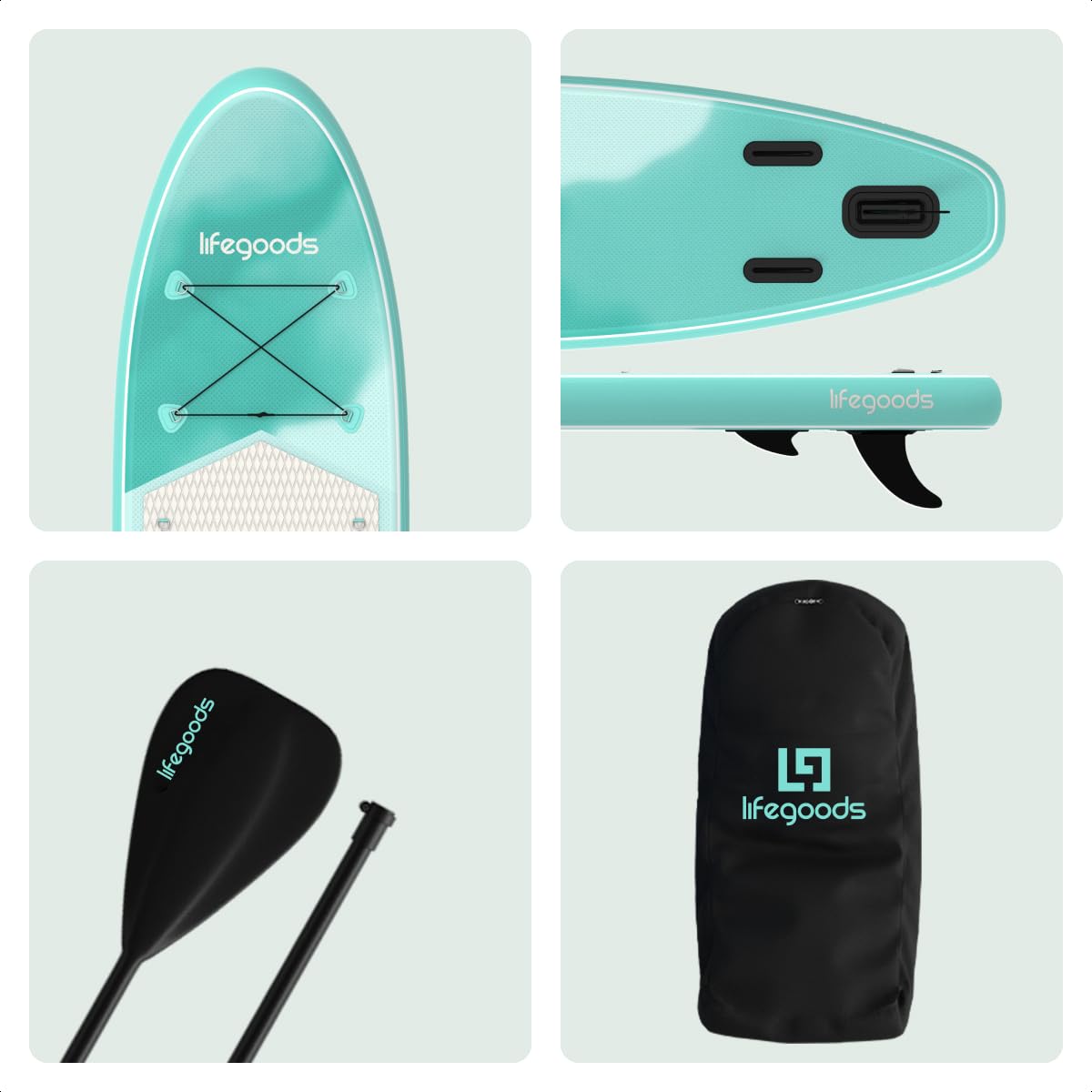 LifeGoods SUP Board Set - Aufblasbare Stand Up Paddling Board - Komplettes Set inklusive Zubehör und Verstellbares Padel - Geeignet für Anfänger und Fortgeschrittene - Bis 100KG - 320x81cm