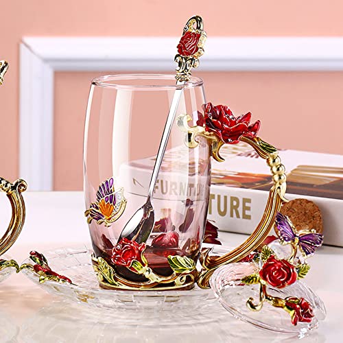 Tea Cup Set for 4, Enamel with Teapot, Tea Set 3D Fancy Tea Cup with Lid, Christmas Housewarming Gift Box, Women's Tea Set, Adult Crystal Glass Tea Set,Red2