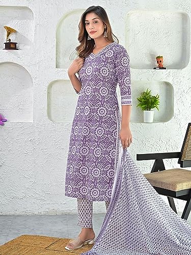 Image of GoSriKi Women's Cotton Blend Straight Printed Kurta with Pant & Dupatta (Nihira Purple-STN-GS 5XL Purple XXXXX-Large)