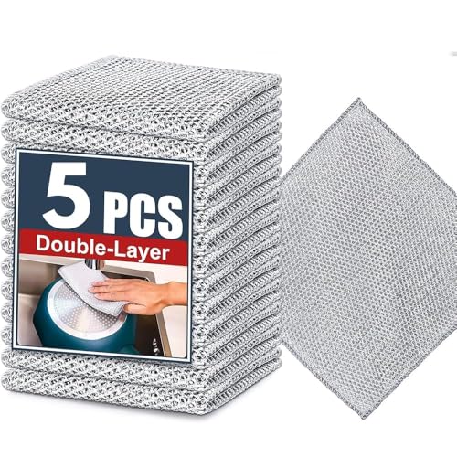 DOCAT Double Layered Dish Wash Cloth, Non Scratch Wire Dishcloth Multipurpose Dishwashing Rugs for Wet and Dry Stainless Steel Scrubber for Sinks Counters Kitchen Cleaning Supplies (5)