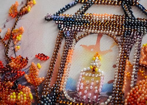 Image of Wizardi Bead Embroidery kit - Autumn Light. Colorful Beads, Beading Needles. DIY Kit. Embroidery for Beginners. Home Decor. AMB-109 Abris Art