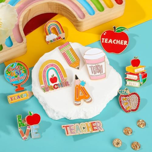 Image of 12Pcs Teacher Brooches Teacher Appreciation Gifts Pins Bulk Thank You Gift for Back to School DIY Brooch Pins for Hats Clothes Bags Backpack
