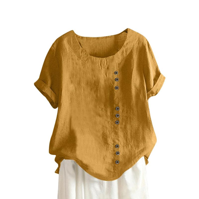 DMOYALA Womens Cotton Linen Shirts Short Sleeve Solid Crewneck Blouse Button Decor Casual Loose T Shirt Tunic Tops
